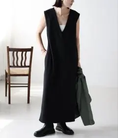 Bonjour Sagan Vネックロングジャンスカ ポケット付き ブラック