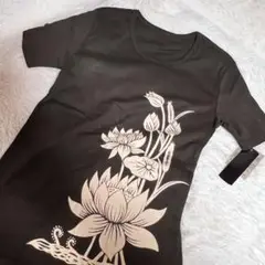❤️希少限定❤️新品⚜ロータス柄⚜半袖トップス カーキ 綿 アジアン 抜染 ハス 蓮
