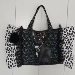 黒猫ちゃんフリルトートバック ショルダー紐付き　コヤンイサムチョン