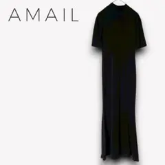 アマイル【F】ロング丈ニットワンピース ブラック　黒　シンプルf379