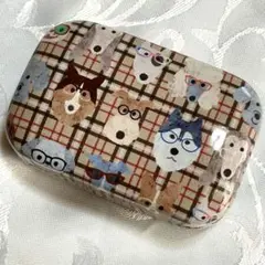 未使用 携帯用アクセサリーケース 小物入れ チェック×犬柄 ドッグ ブラウン