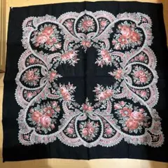 ご婦人向け花柄スカーフ 艶やか黒 ピンク74cm 毛100% 未使用