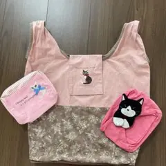 ヒコウセンカーラいろんな猫さん刺繍エコバッグと小物入れセット