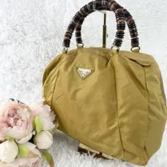 PRADA プラダ ハンドバッグ 木 ウッド 三角ロゴ ナイロン イエロー
