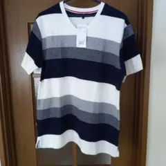 BEAMS ネイビー・ホワイトストライプ Vネック半袖Tシャツ 未使用品