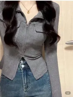 グレー 長袖 ジッパートップス　Shein