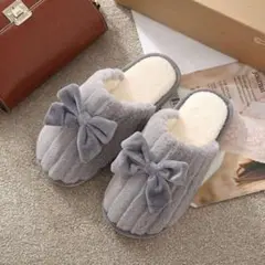 モコモコ ルームシューズ りぼん スリッパ グレー かわいい 24cm