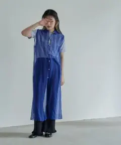 美品　miette 透かし編みノースリーブポロワンピース　ブルー