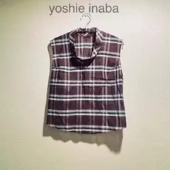 yoshie inaba｜チェック ノースリーブ ブラウン系オフィスカジュアル