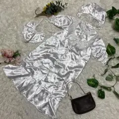 美品 新生児 キッズ ベビードレス ホワイト ラッパ 総柄 50cm 3kg
