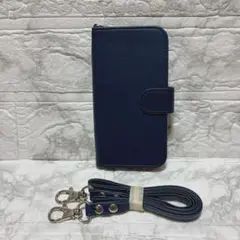 iPhone 12 mini ケース 手帳型 カバー ストラップ付 ダークブルー