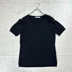 【ブローディア】半袖ニット 花刺繍&ビーズ 薄手 ブラック L相当