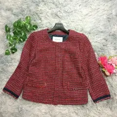【JILL STUART】ツイード ノーカラージャケット (M) 赤 ネイビー