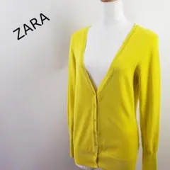 人気のザラZARA KNITVネック長袖ニットカーディガン黄イエローL羽織