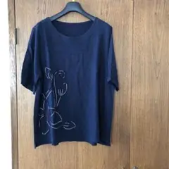 ネイビー 花刺繍 半袖チュニック　フリーサイズ