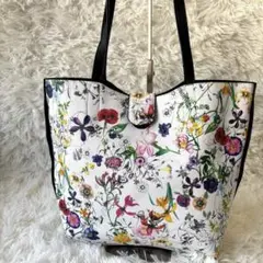 美品 花柄×ブラック リバーシブル トートバッグ A4収納可
