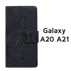 Galaxy A20 A21 手帳 ブラック バタフライ