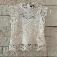 白 レース トップス　ノースリーブ　ブラウス M