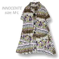 【イノチェンテ】✨美品✨前開き花柄半袖ワンピース M-L ホワイト マルチカラー