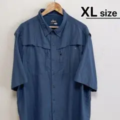 USA古着　ナイロンシャツ　半袖　XL　ネイビー　紺　無地　ワンポイント　ワーク