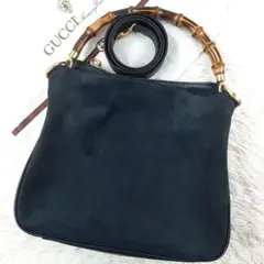 【美品】グッチ ショルダーバッグ ハンド バンブー スエードレザー ネイビー