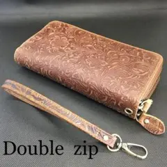 A21 本革　牛革　カービング　財布　メンズ　ダブルファスナー　オールラウド　茶