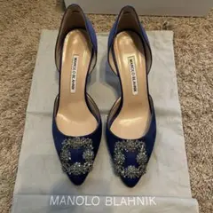 MANOLO BLAHNIK 青 サテン ハイヒール 37.5