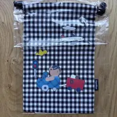 チェック柄 巾着袋 クマと車のデザイン