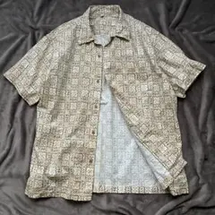 アロハシャツ　幾何学模様 ベージュ系 柄シャツ　綿麻　総柄　アロハ