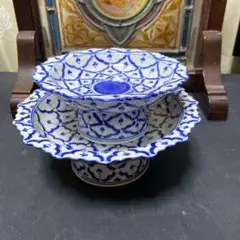 タイ国のブルー&ホワイト高台の陶器皿セット
