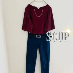 SOUP プリーツ花柄五分袖クルーネックカットソー（L）ワインレッド