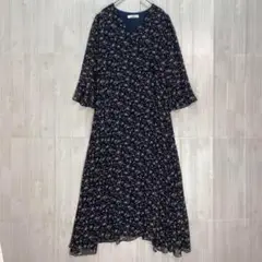 H/S Vネック花柄 シフォンロングワンピース　バックリボン 黒　L