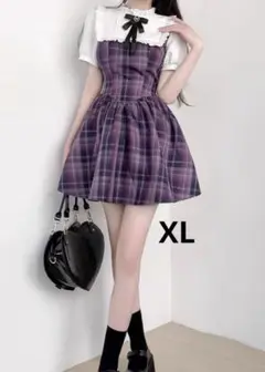 1点のみ　新品XLガーリーロリータ量産型リボン付きチェック切り替えワンピース半袖