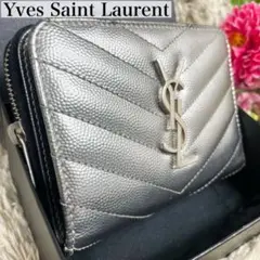 美品✨サンローラン 折り財布 カサンドラロゴ キャビアスキン シルバー レザー
