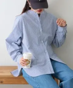 CIAOPANIC TYPY ボリュームスリーブストライプバンドカラーシャツ