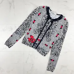 美品 ブルマリン 総柄 ビーズ刺繍 ストレット丸襟カーディガン 黒S*KB423
