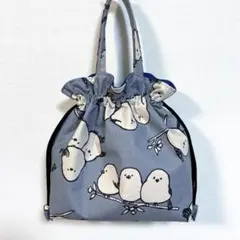 巾着トートバッグ　シマエナガ グレー　ハンドメイド