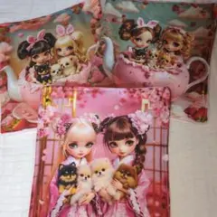 ガーゼハンカチ3枚セットパネル女の子と犬さんハンドメイド