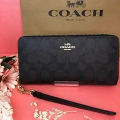 ☆COACH 長財布 ダークブラウンシグネチャー ストラップ