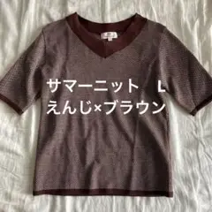 MICHEL SUU 半袖ニット Vネック L メッシュ　エンジ　ブラウン　織り