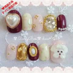 現品❤ホイップ犬 アンティーク ボルドー フラワー ネイルチップ