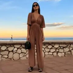 美品 ZARA オールインワン ドレープ フレアスリーブ ピンク