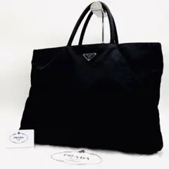 ✨A4収納可•美品✨PRADA 大型トートバッグ 肩掛け 三角ロゴ 白タグ 黒