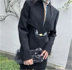 Collarless Hole Jacket with Leather Belt