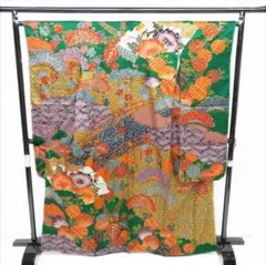 振袖 リサイクル着物 中古 緑 結婚式 着付け練習にも MH22