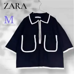 ZARA KNIT ザラ 半袖 黒 ニットトップス M 襟付き ハーフジップ