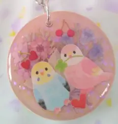 セキセイインコ&アキクサインコと花の目印チャーム　キーホルダー