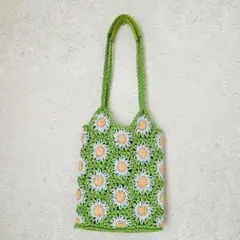 【美品】キャセリーニ　ペーパーフラワーバック　クロシェ　トートバッグ　緑　花柄