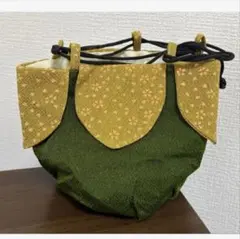 【ちりめん巾着バック】 花びら形巾着バック うぐいす色 やまぶき色