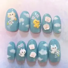 雲ネイル ネイルチップ 猫 ねこ ネコ 肉球 かわいい キッズサイズ